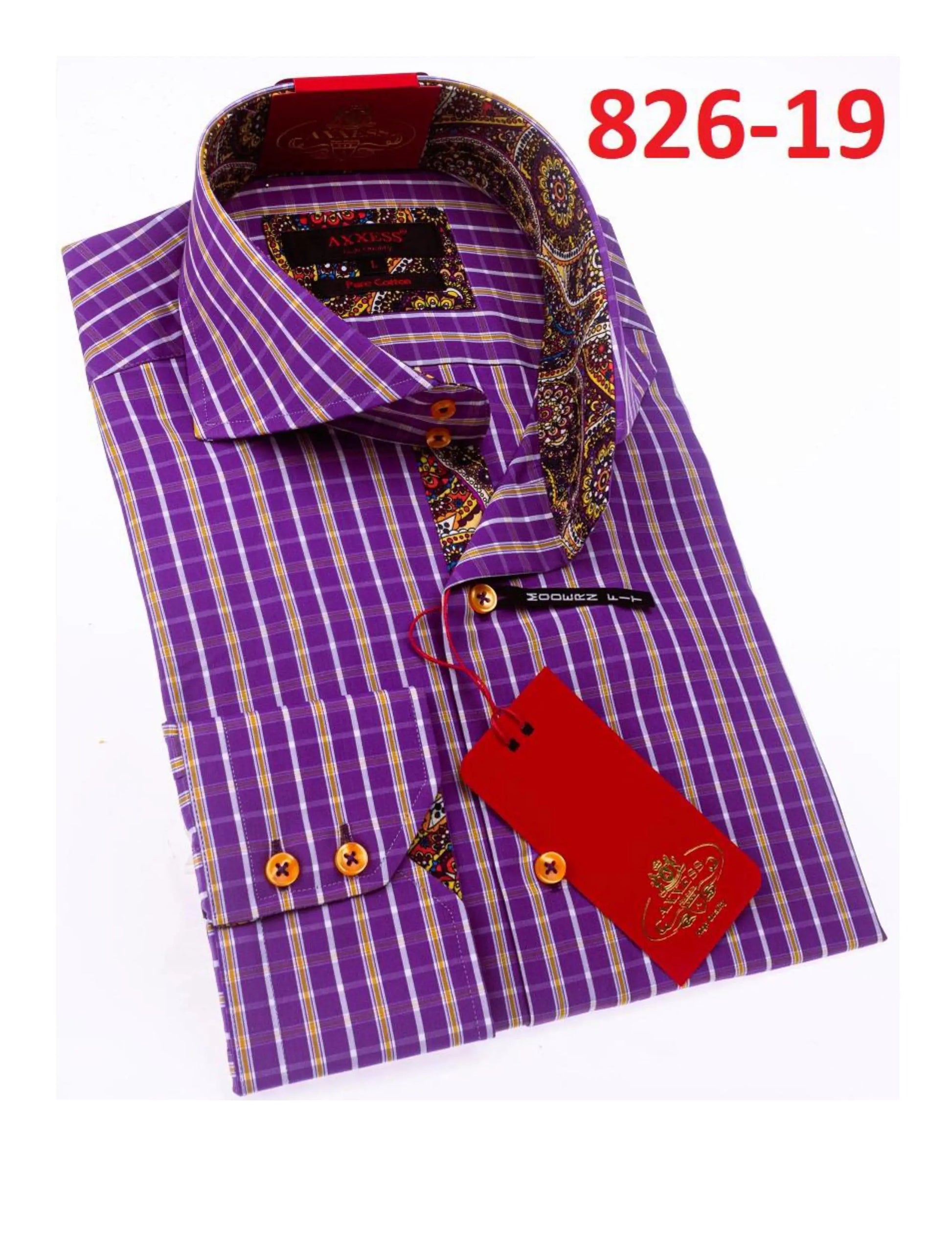 Axxess 826-19 Purple/Gold/White Cotton Casual Dress Shirt