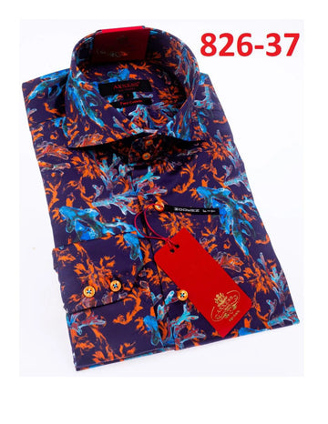 Axxess 826-37 Navy Blue/Orange/Ocean Blue Cotton Casual Dress Shirt