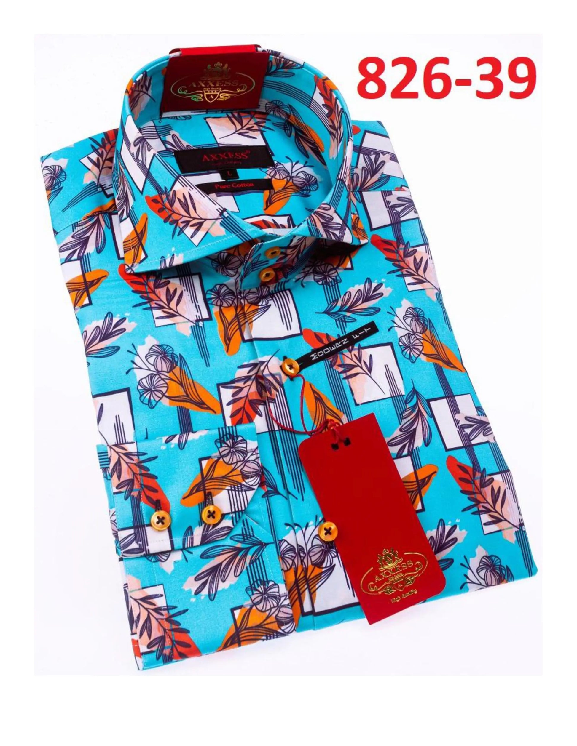 Axxess 826-39 Turquoise Blue/White/Orange Cotton Casual Dress Shirt