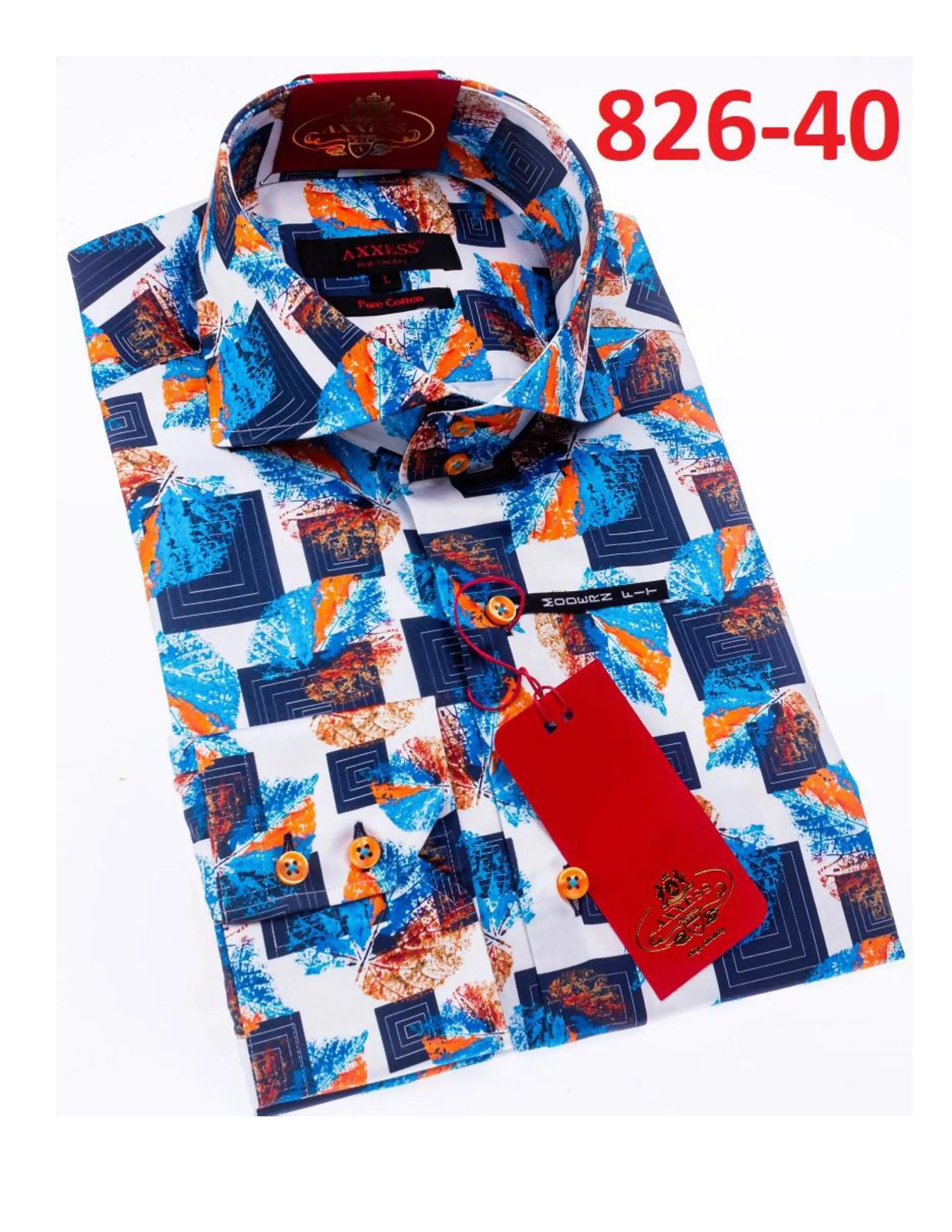 Axxess 826-40 White/Sky Blue/Navy Blue/Orange Cotton Casual Dress Shirt