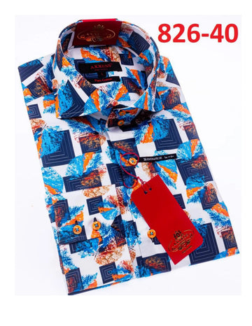 Axxess 826-40 White/Sky Blue/Navy Blue/Orange Cotton Casual Dress Shirt