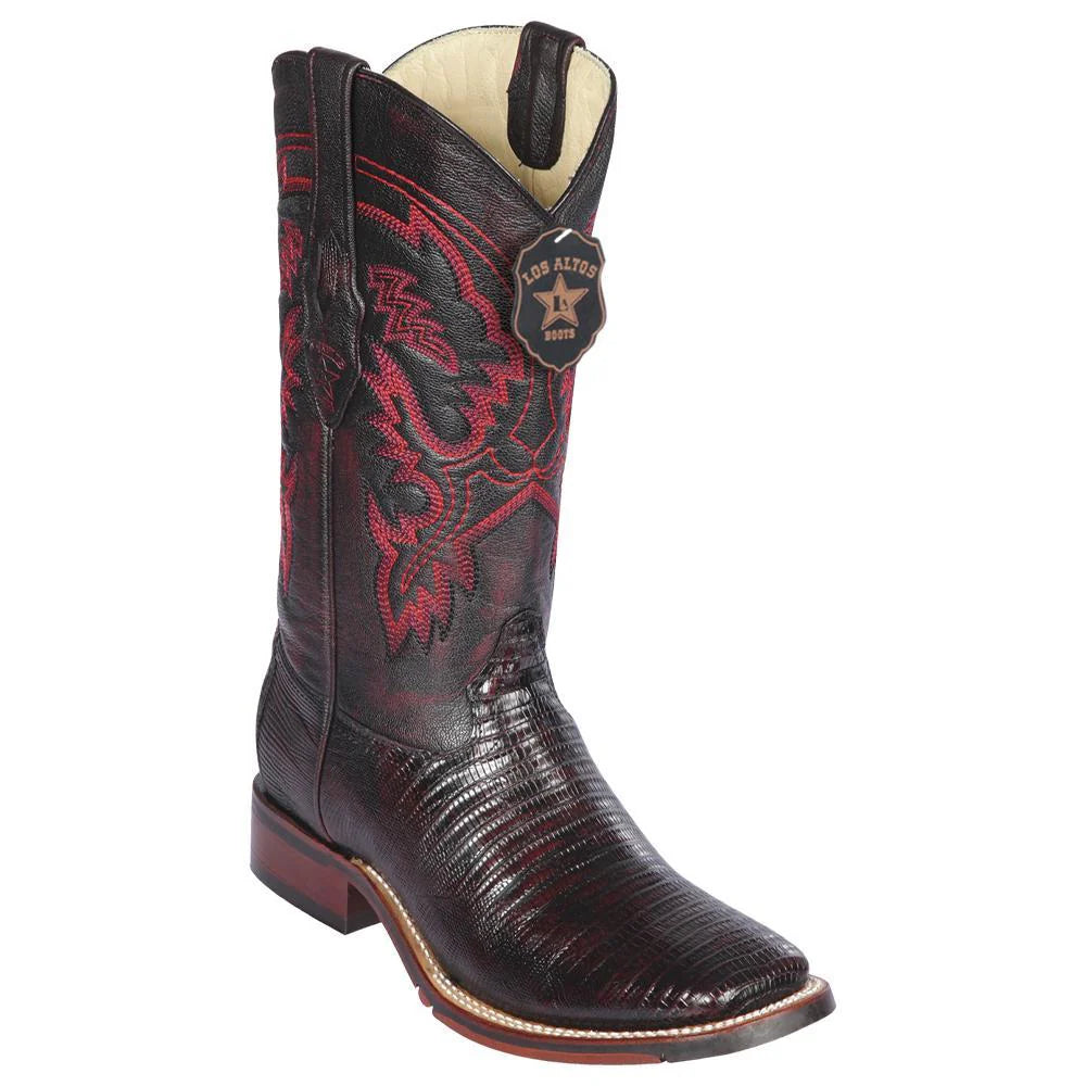 Los Altos 8260718 Men's Black Cherry Genuine Teju Wide Square Toe Cowboy Boots