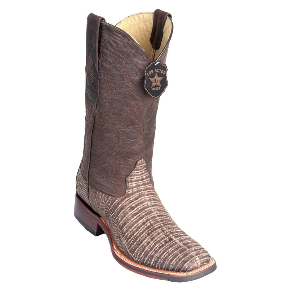 Los Altos 8260735 Men's Sanded Brown Genuine Teju Wide Square Toe Cowboy Boots