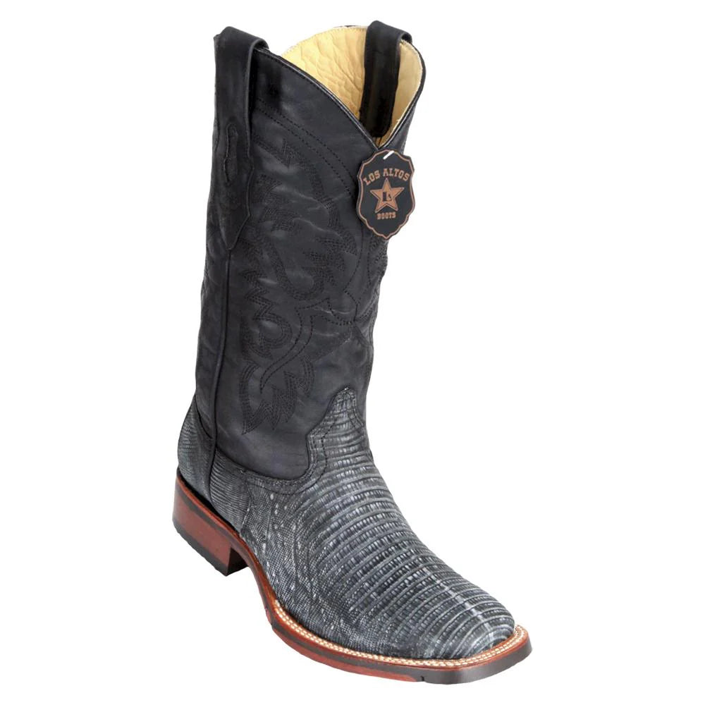 Los Altos 8260774 Men's Sanded Black Genuine Teju Wide Square Toe Cowboy Boots