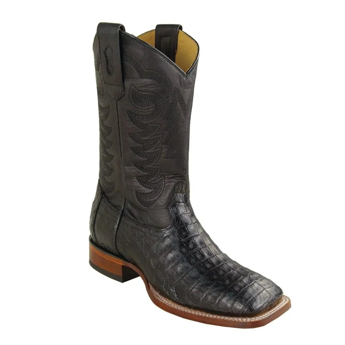 Los Altos 82TX8205 Men's Black Genuine Caiman Crocodile Belly Texas Extra Wide Toe Cowboy Boots - Suit Essence