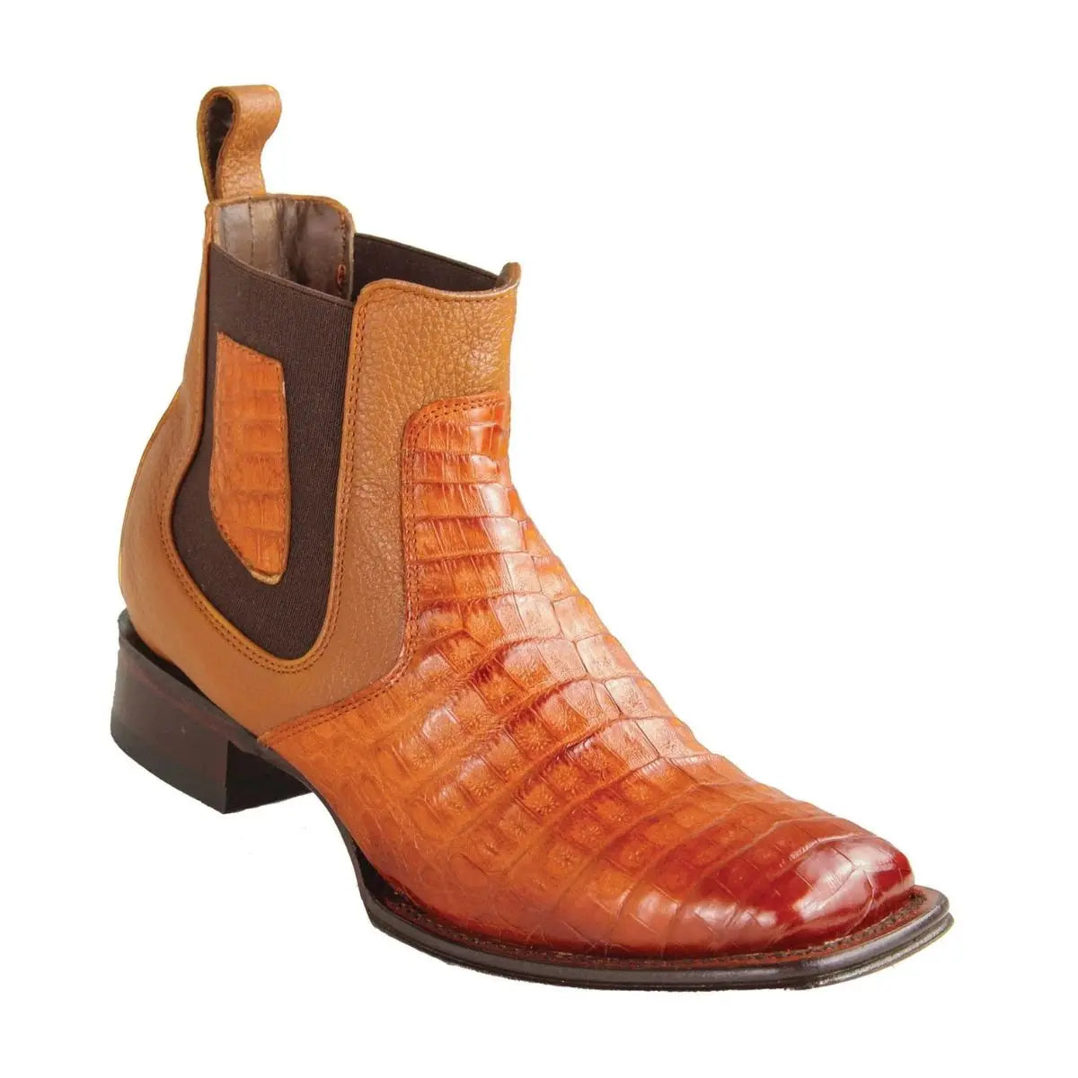 Los Altos 82BV8257 Men's Faded Cognac Genuine Caiman Crocodile Belly Wide Square Toe Ankle Boots - Suit Essence