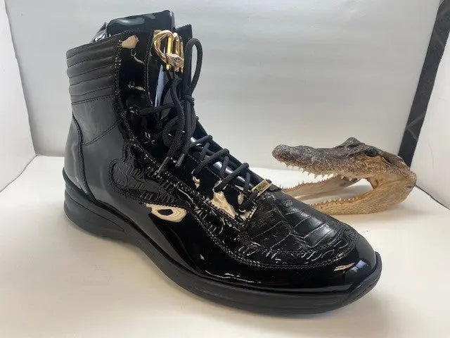 Mauri 8401 Black Genuine Baby Crocodile/Patent Embossed High-Top Sneakers