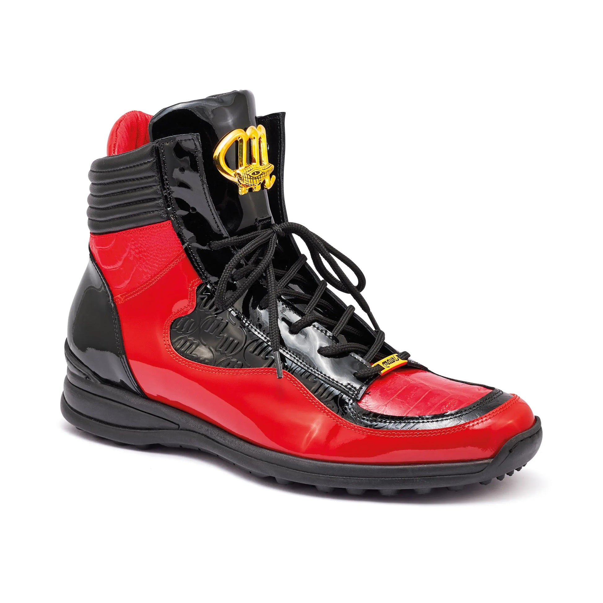 Mauri 8401 Red/Black Genuine Crocodile/Ostrich Leg/Patent Leather High-Top Sneakers