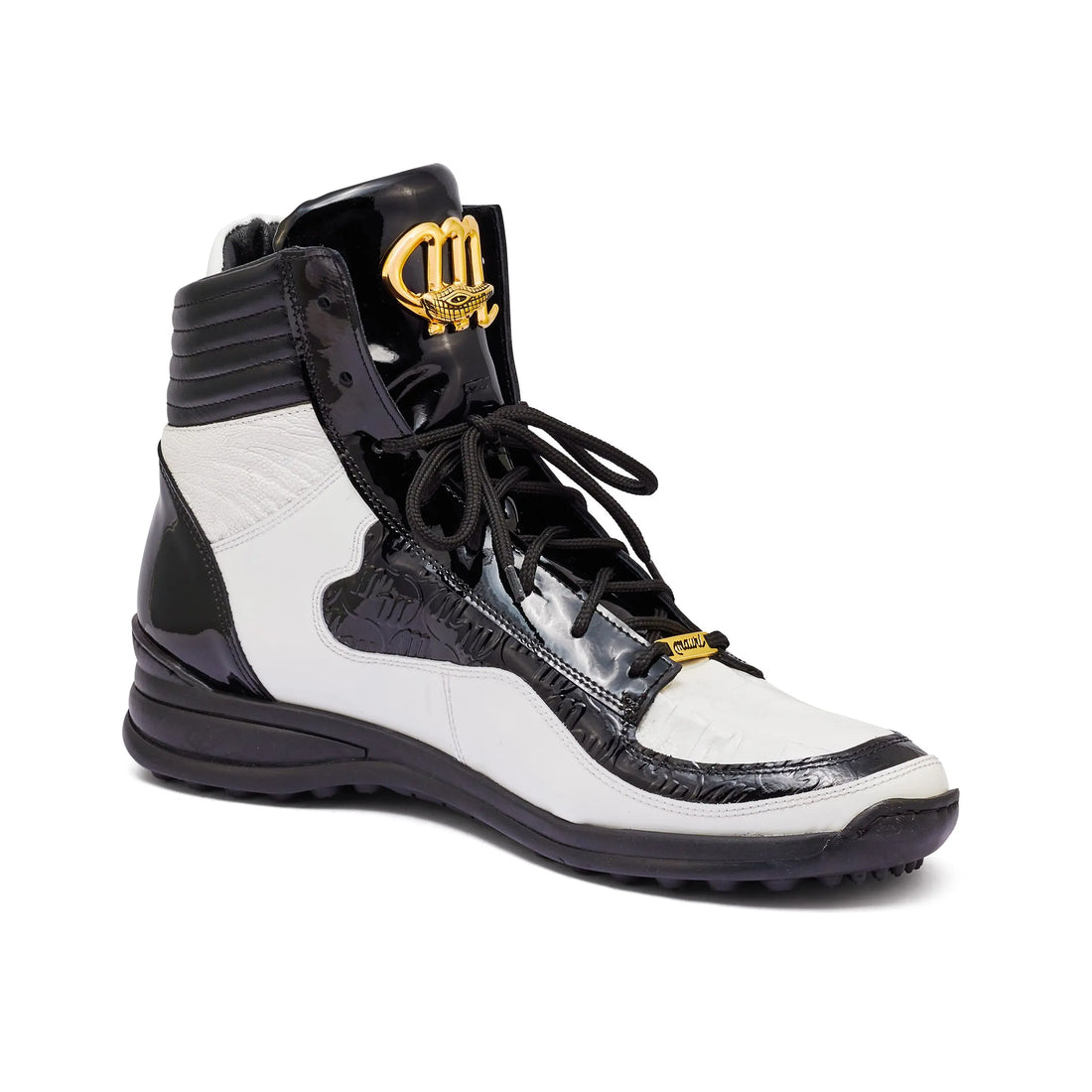 Mauri 8401 White/Black Genuine Crocodile/Ostrich Leg/Patent Leather High-Top Sneakers