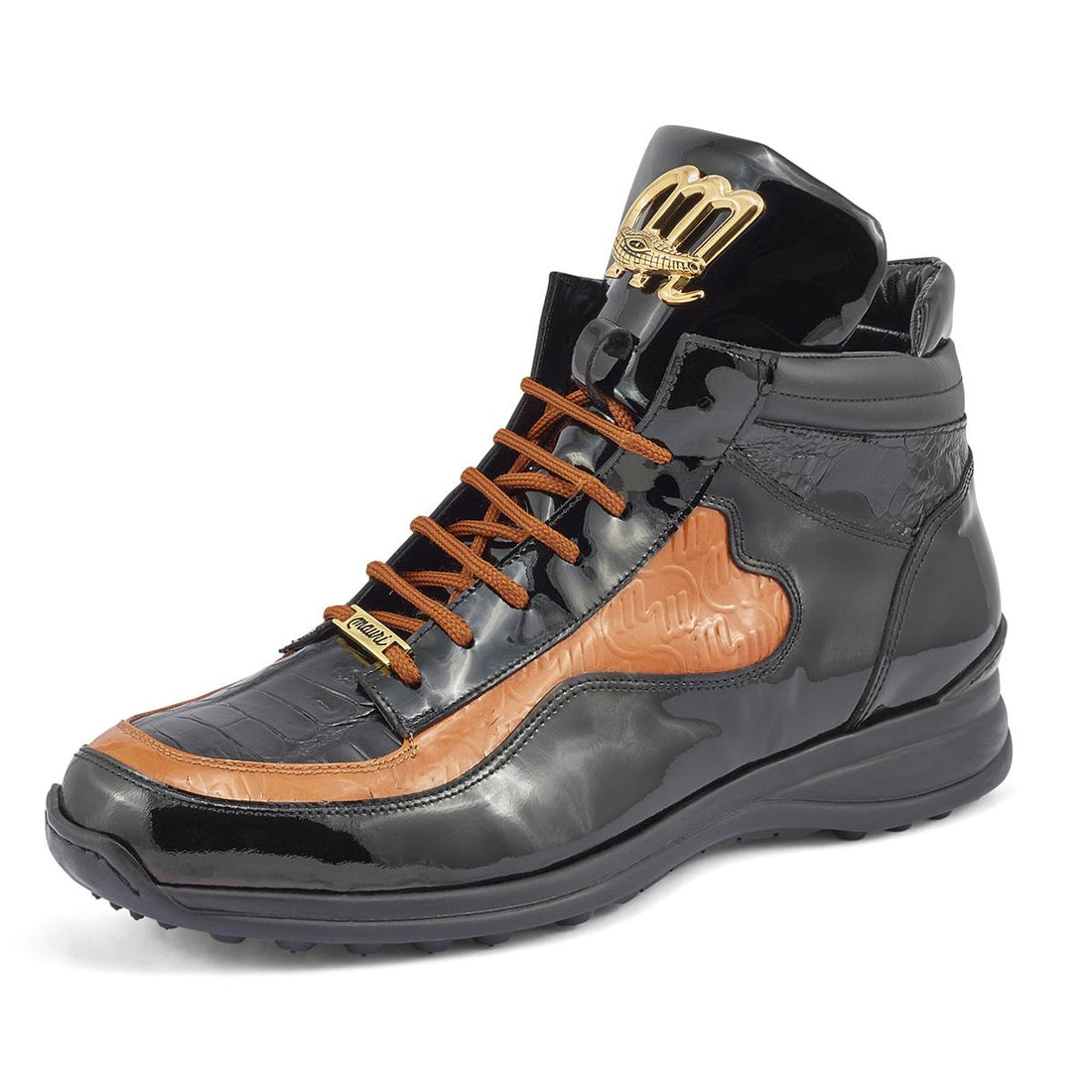 Mauri Hype Black/Cognac Genuine Crocodile/Ostrich Leg/Patent Leather High-Top Sneakers 8409