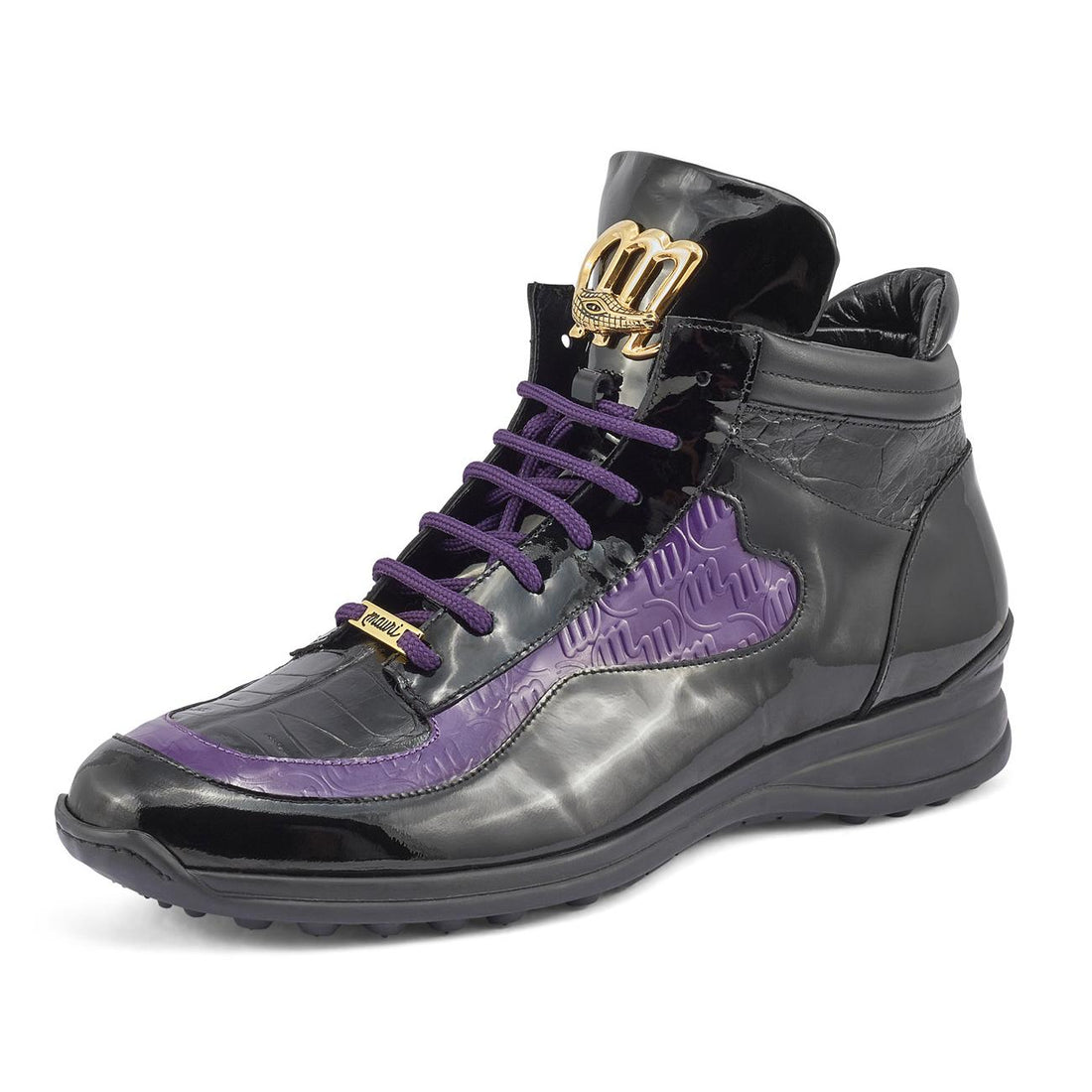 Mauri Hype Black/Purple Genuine Crocodile/Ostrich Leg/Patent Leather High-Top Sneakers 8409