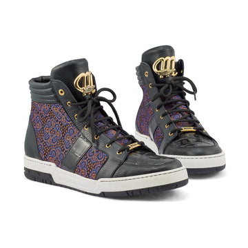 Mauri Genesis Black/Blue Genuine Crocodile/Time Leather/Matahari Fabric High-Top Sneakers 8413