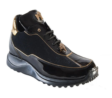 Mauri 8420 Black Genuine Leather Velvet Embossed Sneakers