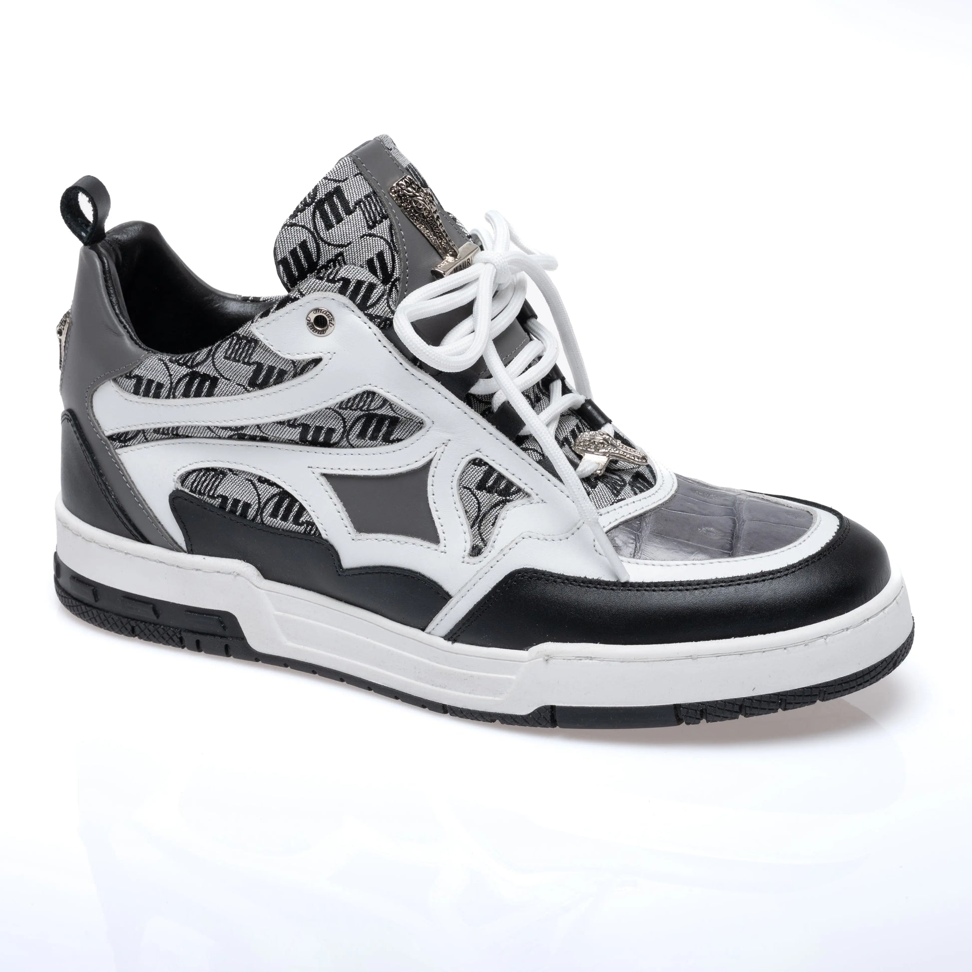 Mauri 8435 Black/Medium Grey/White Genuine Baby Crocodile/Nappa/Double M Fabric Sneakers - Suit Essence