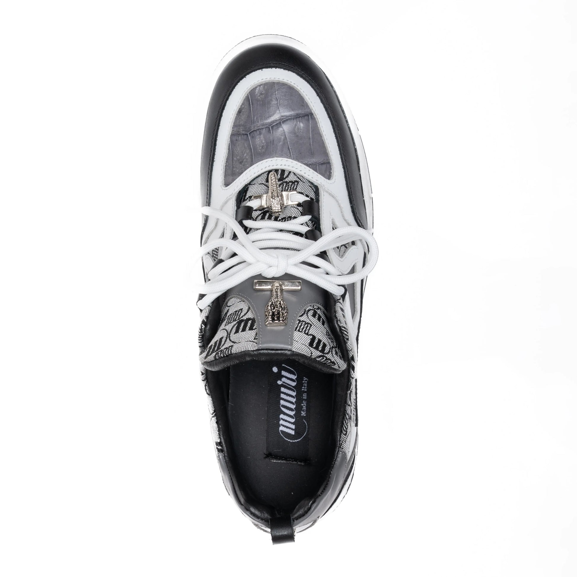 Mauri 8435 Black/Medium Grey/White Genuine Baby Crocodile/Nappa/Double M Fabric Sneakers - Suit Essence