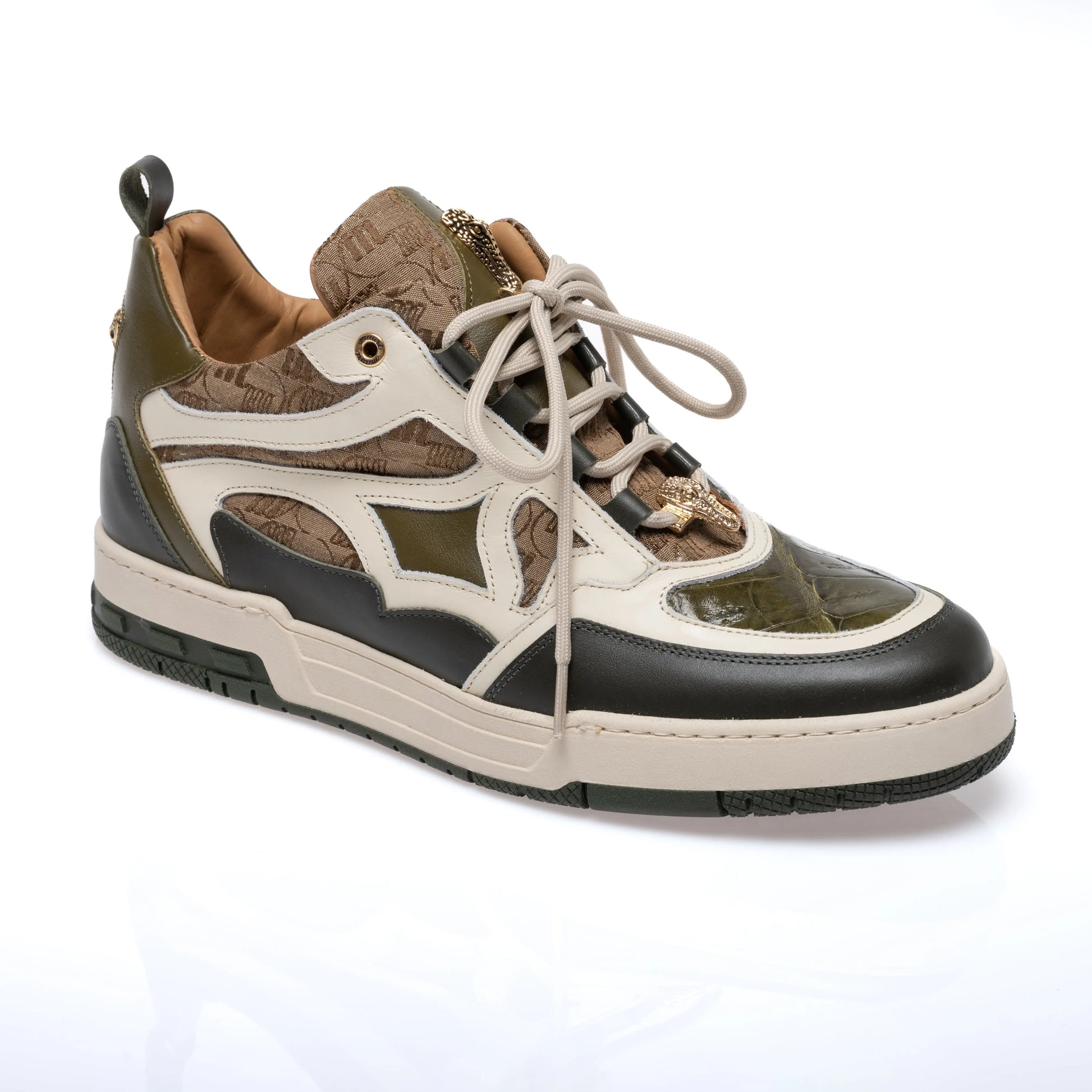 Mauri 8435 Money Green/Cream/Army Green/Beige Genuine Baby Crocodile/Nappa/Double M Fabric Sneakers