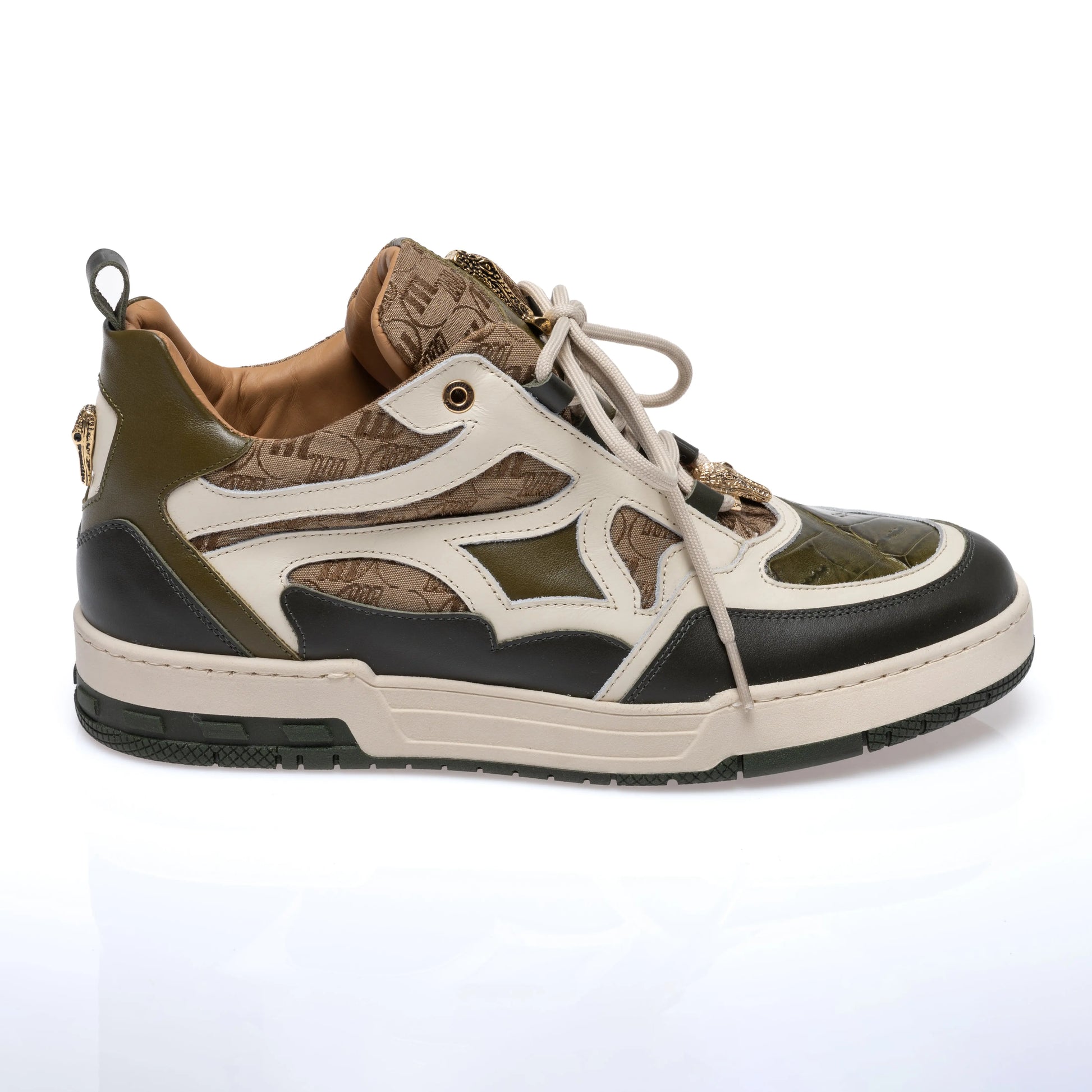 Mauri 8435 Money Green/Cream/Army Green/Beige Genuine Baby Crocodile/Nappa/Double M Fabric Sneakers