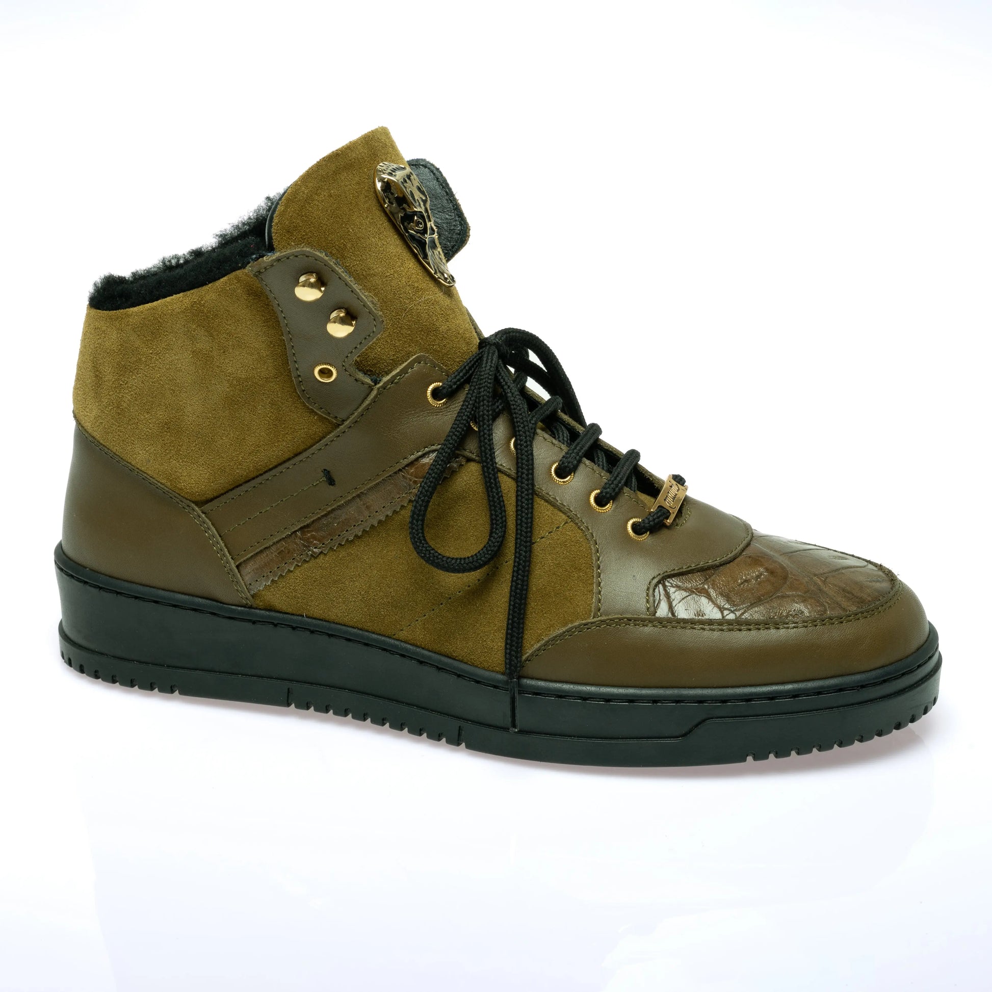 Mauri 8496 Olive Green Genuine Baby Crocodile/Suede/Shearling Sneakers
