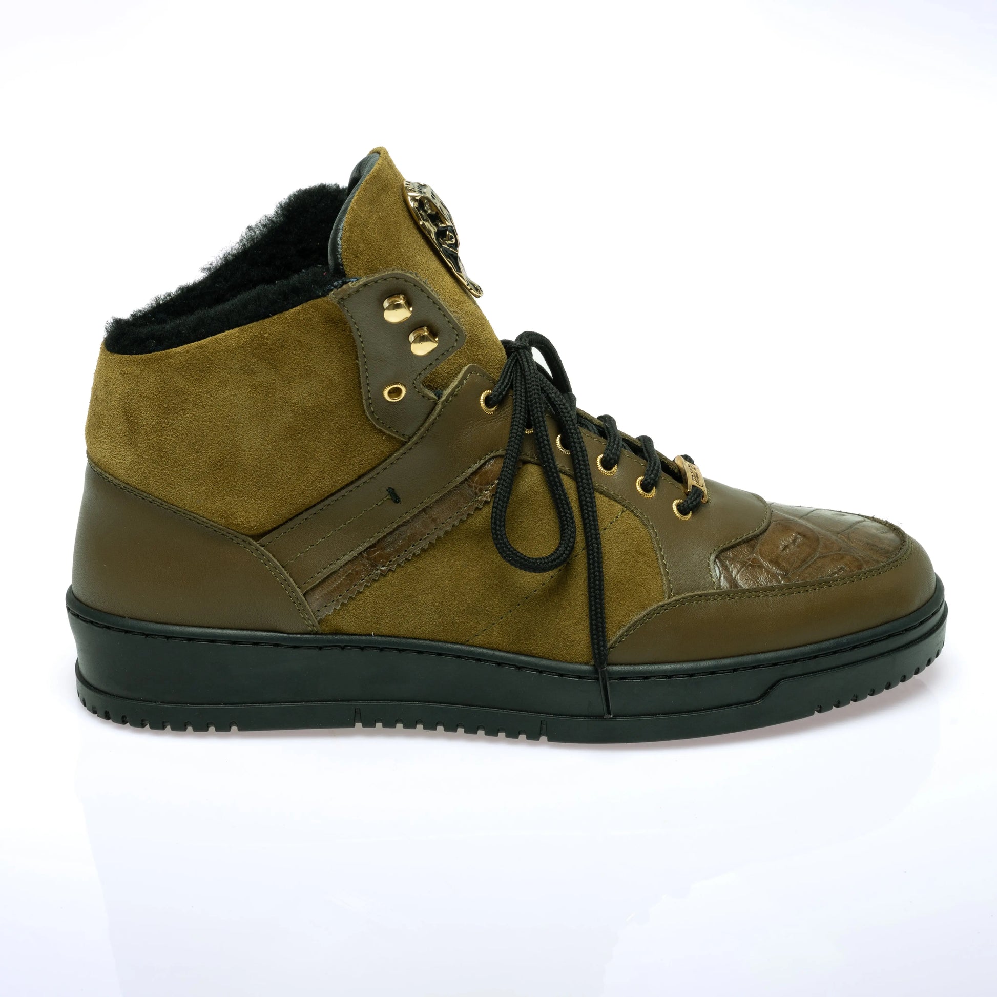 Mauri 8496 Olive Green Genuine Baby Crocodile/Suede/Shearling Sneakers