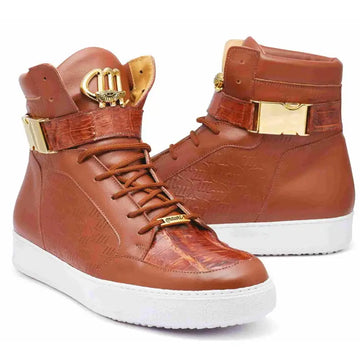 Mauri 8500 Cognac Genuine Baby Crocodile/Nappa Embossed High Top Sneakers