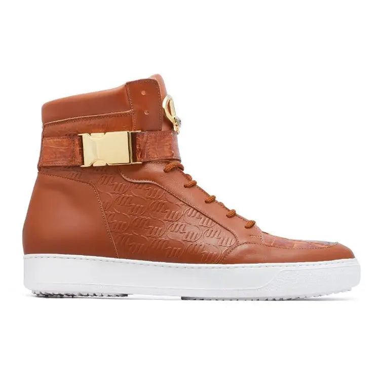 Mauri 8500 Cognac Genuine Baby Crocodile/Nappa Embossed High Top Sneakers