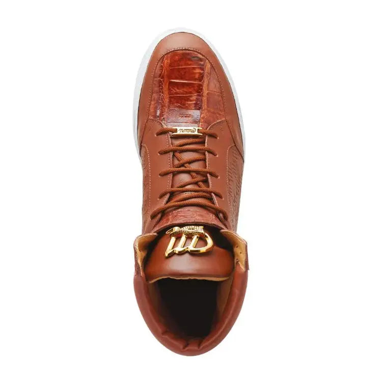 Mauri 8500 Cognac Genuine Baby Crocodile/Nappa Embossed High Top Sneakers