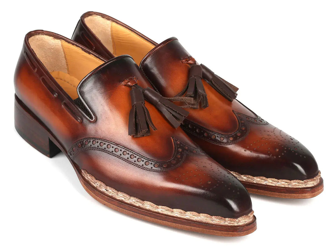 Paul Parkman Men's Brown Burnished Norwegian Welted Tassel Loafers (ID#8507-BRW) PAUL PARKMAN