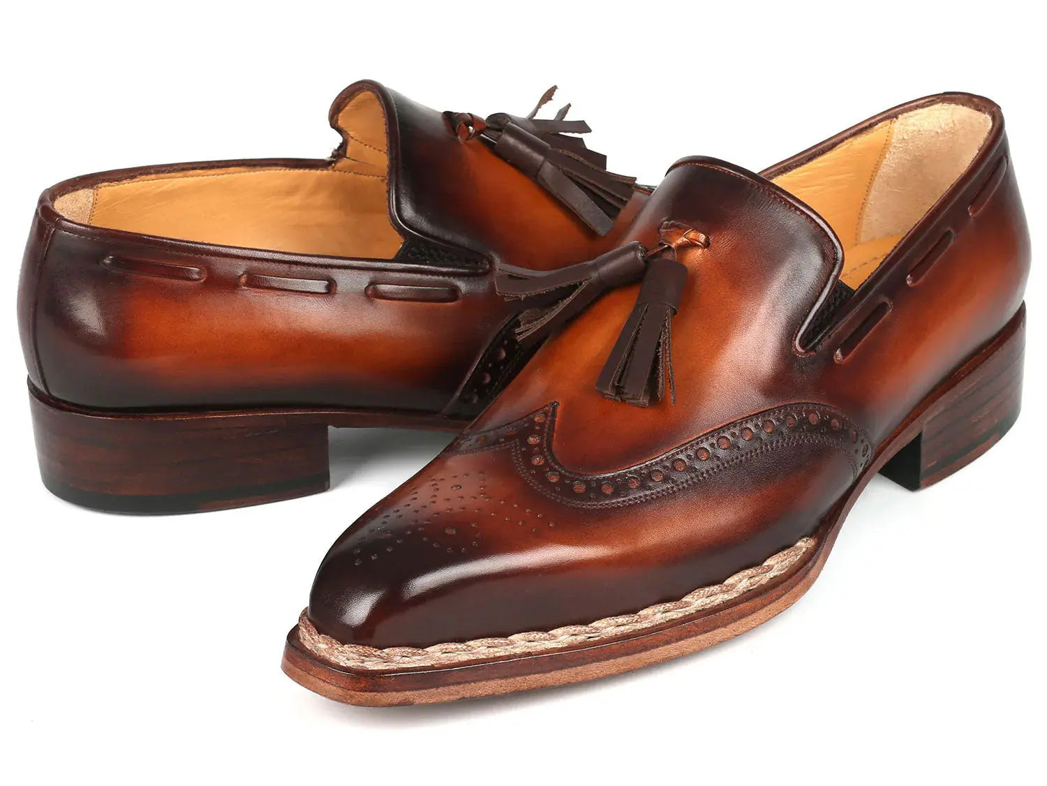Paul Parkman Men's Brown Burnished Norwegian Welted Tassel Loafers (ID#8507-BRW) PAUL PARKMAN