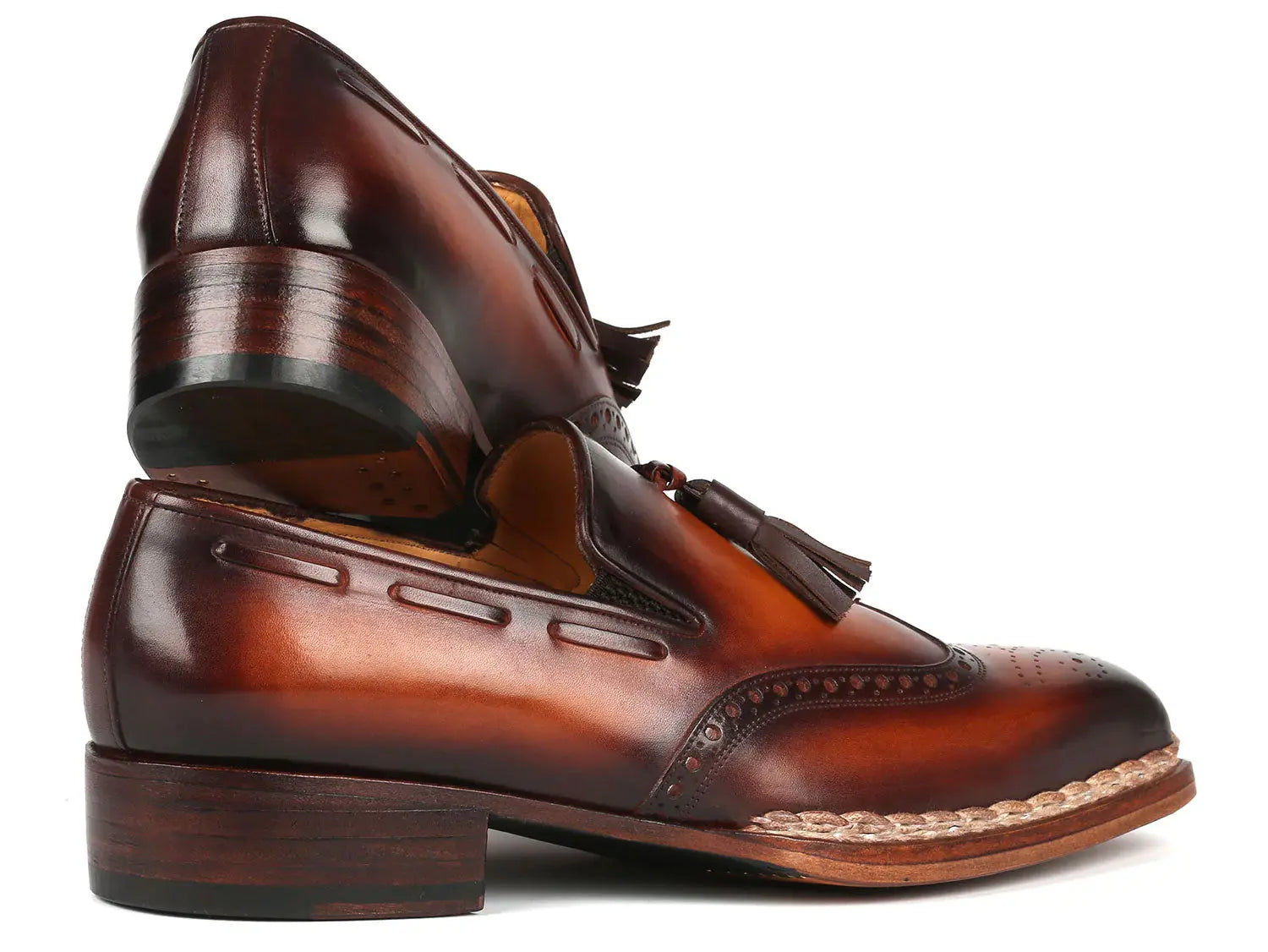 Paul Parkman Men's Brown Burnished Norwegian Welted Tassel Loafers (ID#8507-BRW) PAUL PARKMAN