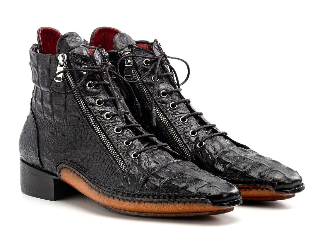 Paul Parkman Men's Black Crocodile Textured Genuine Leather Men's Zipper Boots (ID#88APT68) PAUL PARKMAN
