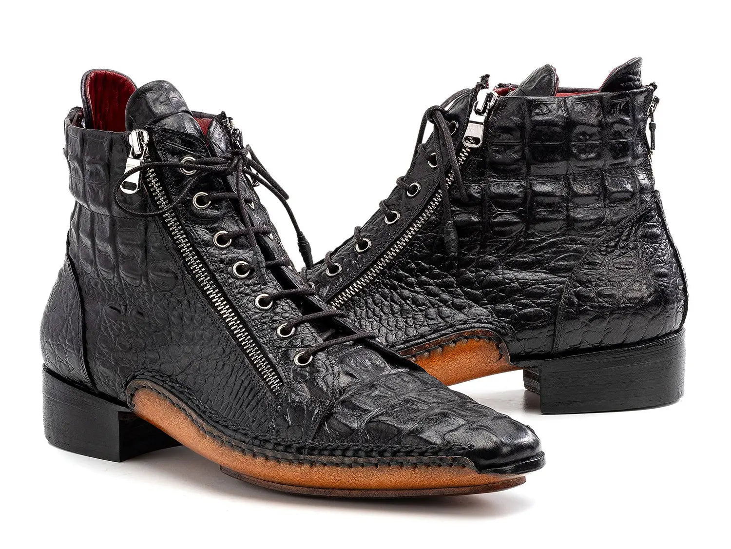 Paul Parkman Men's Black Crocodile Textured Genuine Leather Men's Zipper Boots (ID#88APT68) PAUL PARKMAN