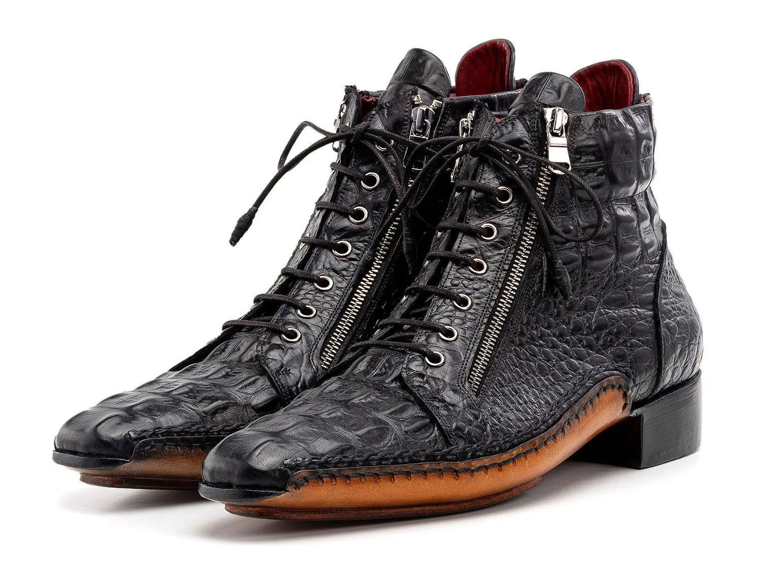 Paul Parkman Men's Black Crocodile Textured Genuine Leather Men's Zipper Boots (ID#88APT68) PAUL PARKMAN
