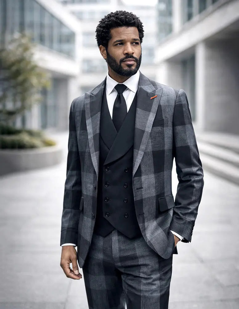 Statement Venus Black Super 200's Italian Wool/Cashmere Vested Suit