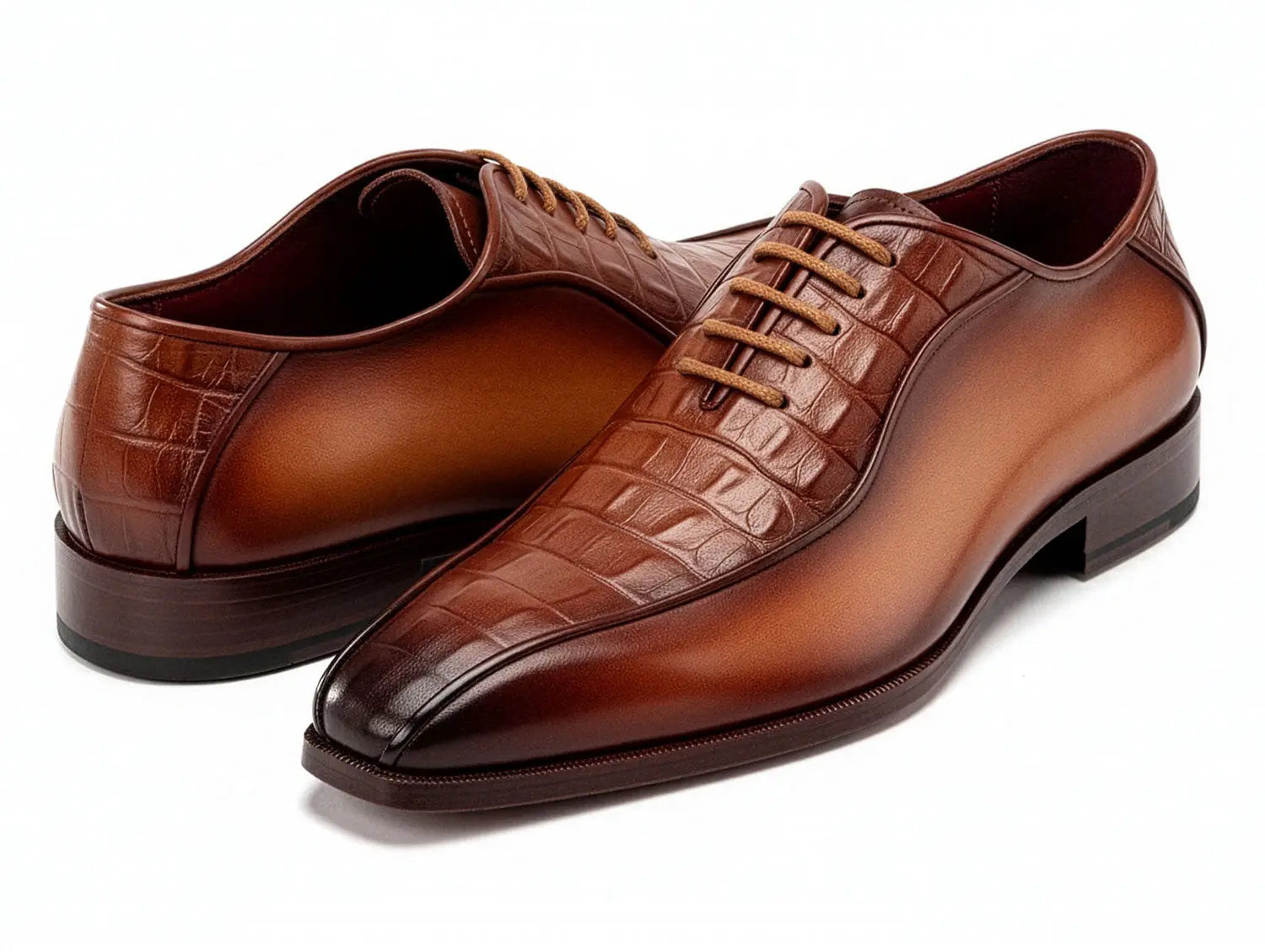 Paul Parkman Men's Camel Brown Crocodile Textured Genuine Leather Bicycle Toe Oxfords (ID#94-255) PAUL PARKMAN