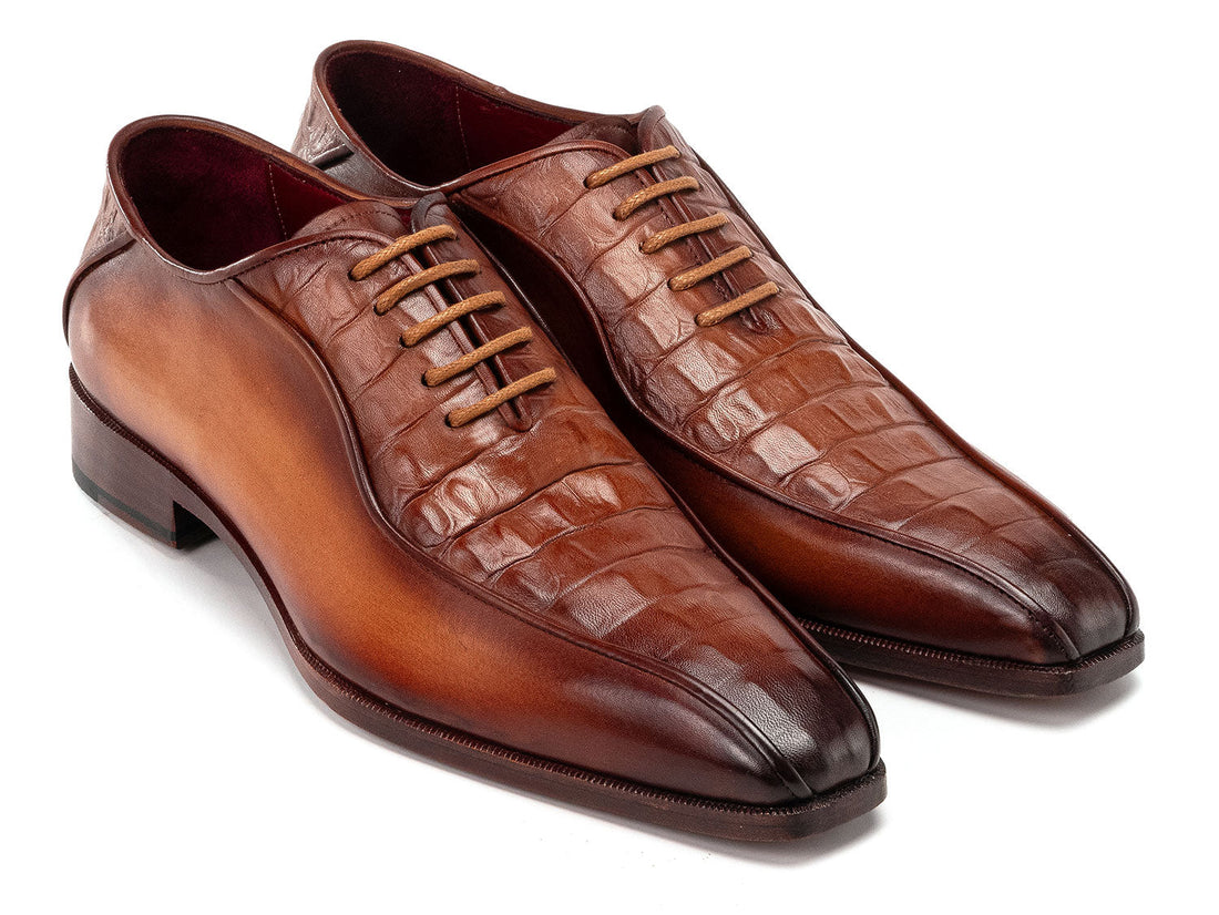 Paul Parkman Men's Camel Brown Crocodile Textured Genuine Leather Bicycle Toe Oxfords (ID#94-255)