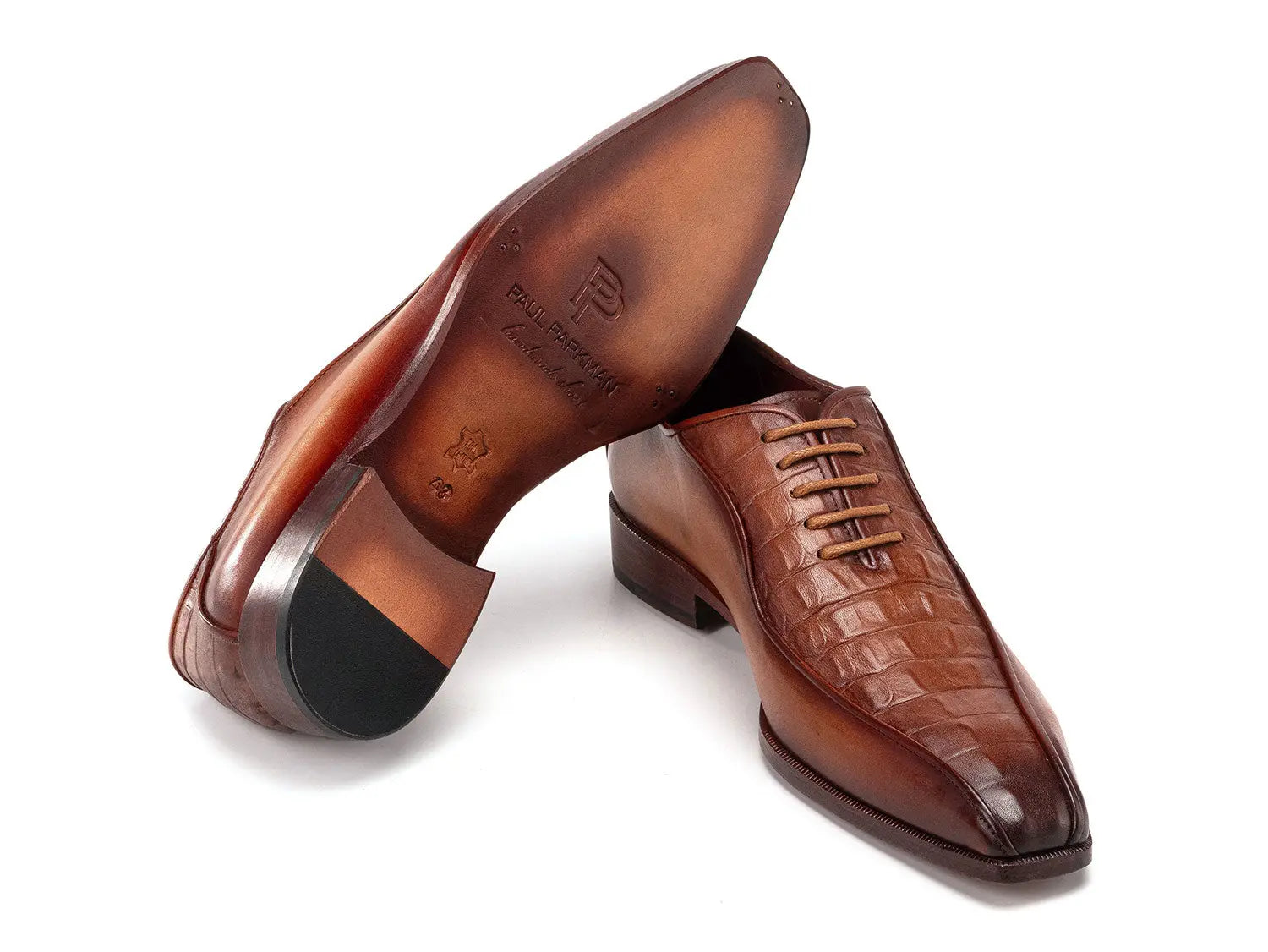 Paul Parkman Men's Camel Brown Crocodile Textured Genuine Leather Bicycle Toe Oxfords (ID#94-255) PAUL PARKMAN