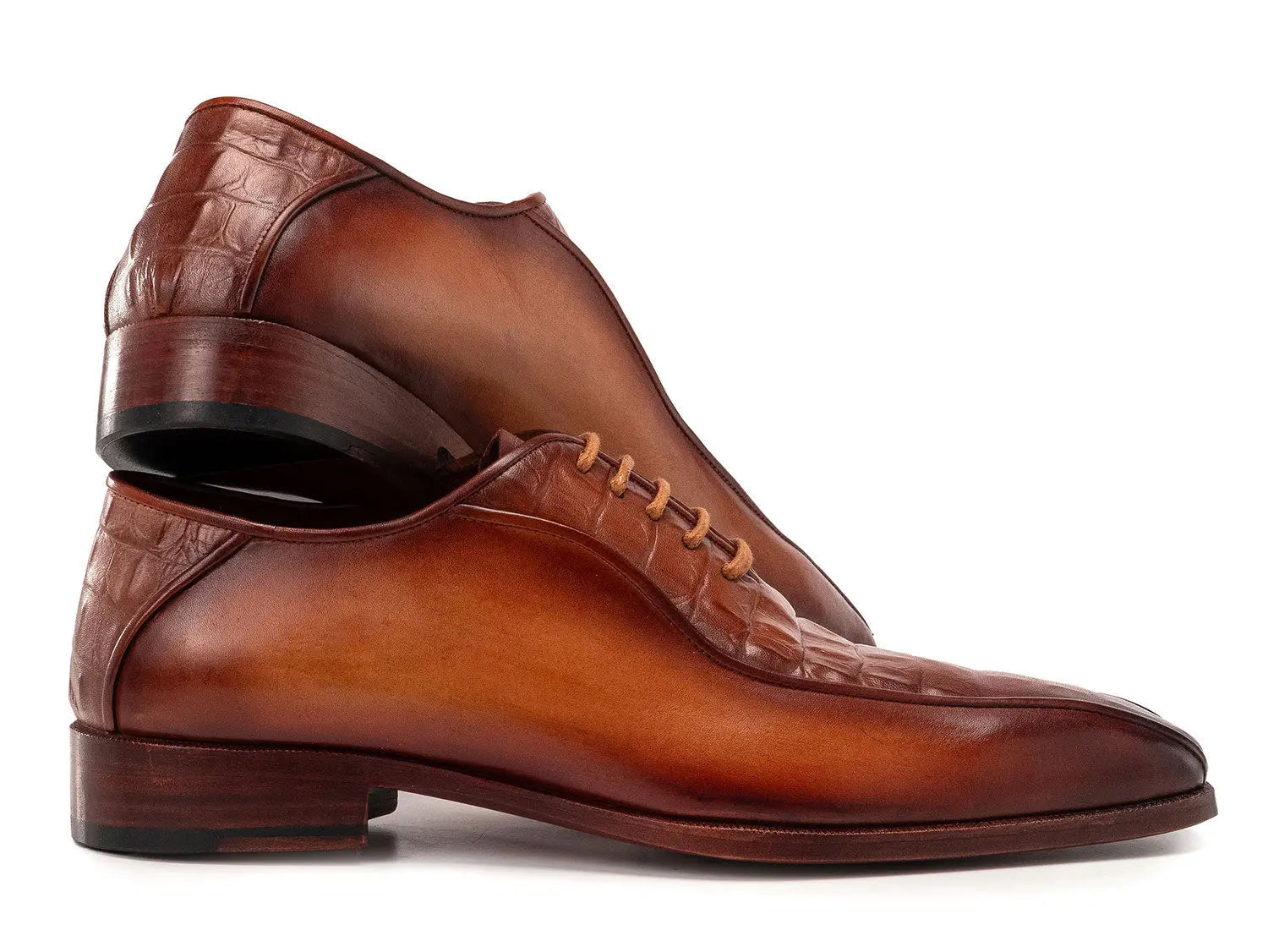 Paul Parkman Men's Camel Brown Crocodile Textured Genuine Leather Bicycle Toe Oxfords (ID#94-255) PAUL PARKMAN