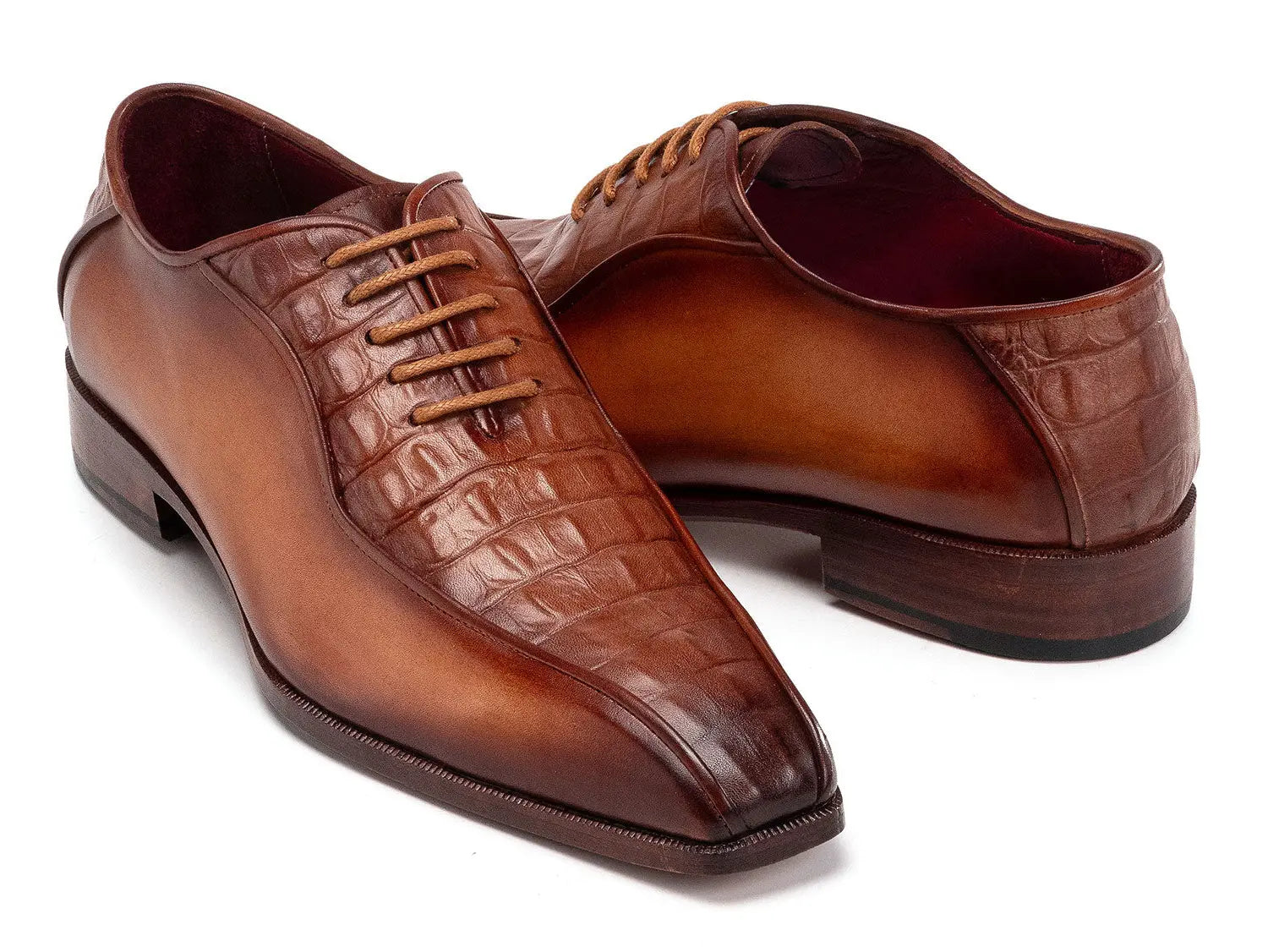 Paul Parkman Men's Camel Brown Crocodile Textured Genuine Leather Bicycle Toe Oxfords (ID#94-255) PAUL PARKMAN