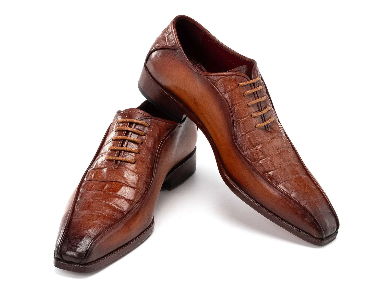 Paul Parkman Men's Camel Brown Crocodile Textured Genuine Leather Bicycle Toe Oxfords (ID#94-255) PAUL PARKMAN