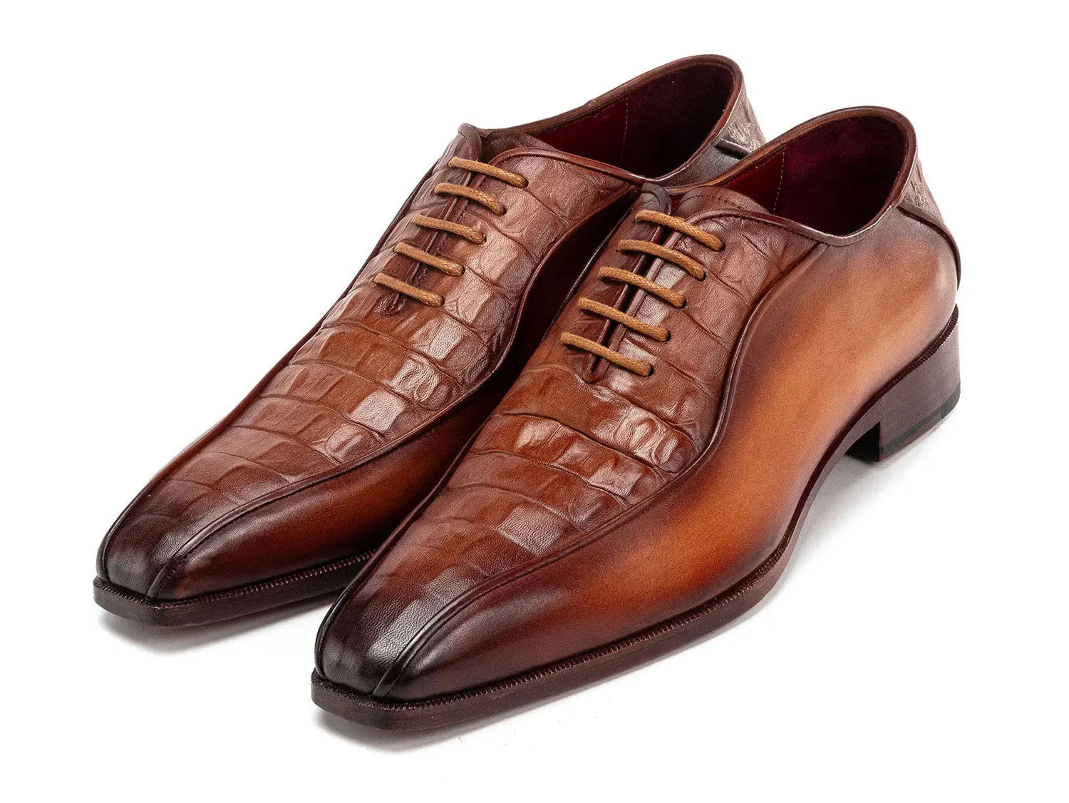 Paul Parkman Men's Camel Brown Crocodile Textured Genuine Leather Bicycle Toe Oxfords (ID#94-255) PAUL PARKMAN