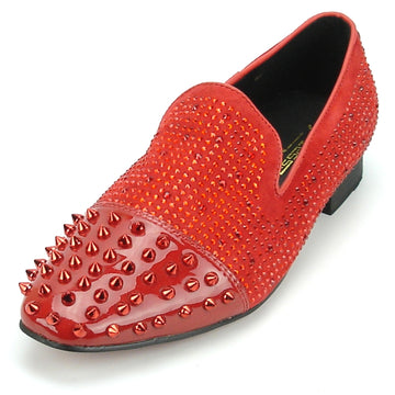 Fiesso FI-7081 Red With Red Spikes Loafers