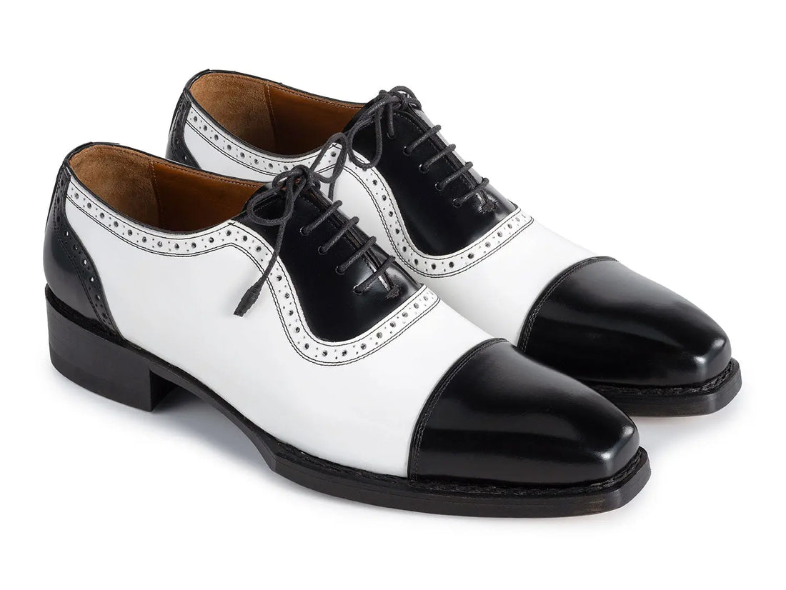 Paul Parkman Men's Black/White Goodyear Welted Cap Toe Oxfords (ID#9482-BNW) PAUL PARKMAN