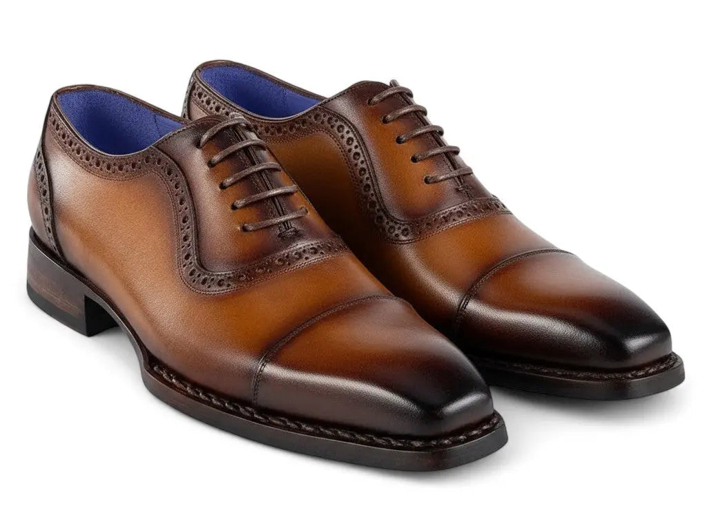 Paul Parkman Men's Camel Burnished Goodyear Welted Cap Toe Oxfords (ID#9482-CTN) PAUL PARKMAN
