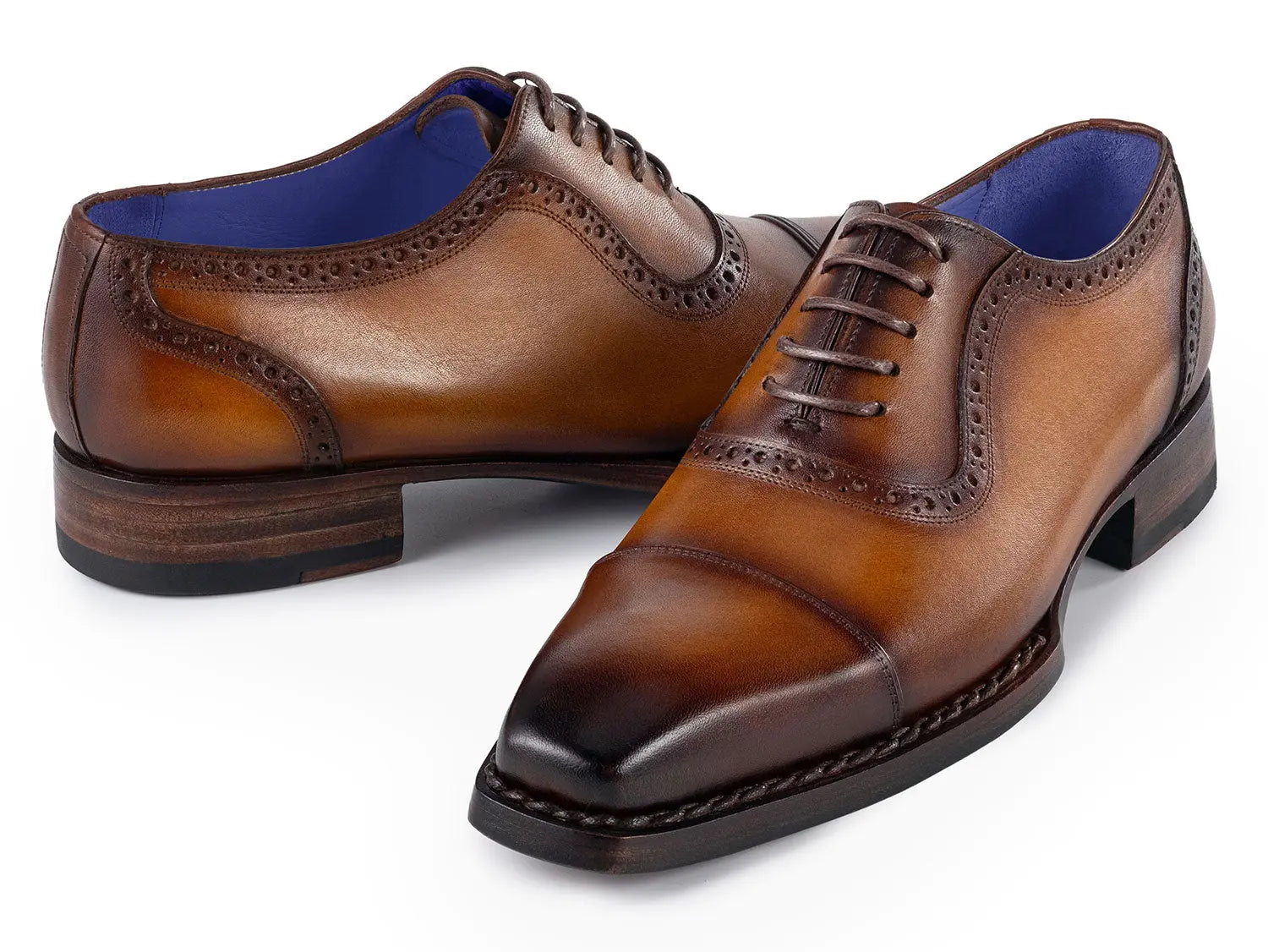 Paul Parkman Men's Camel Burnished Goodyear Welted Cap Toe Oxfords (ID#9482-CTN) PAUL PARKMAN