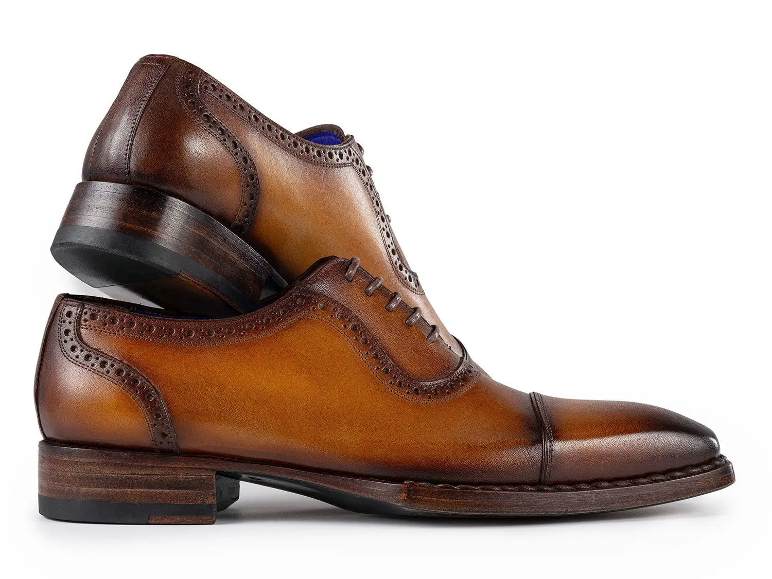Paul Parkman Men's Camel Burnished Goodyear Welted Cap Toe Oxfords (ID#9482-CTN) PAUL PARKMAN