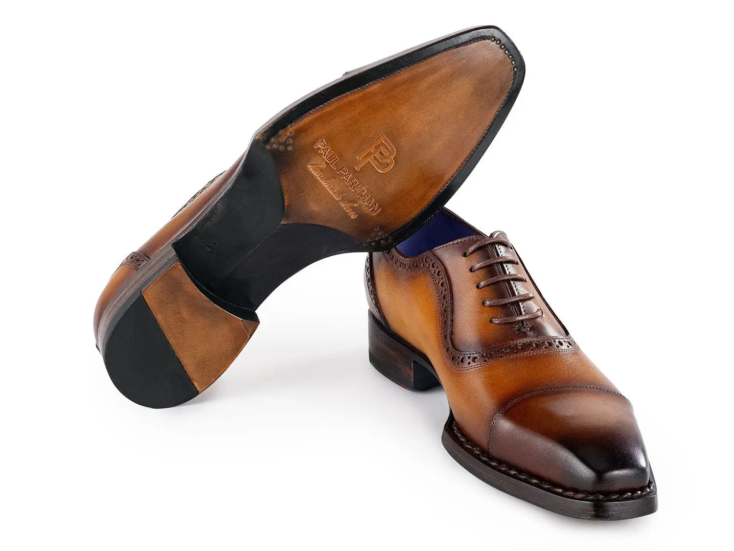 Paul Parkman Men's Camel Burnished Goodyear Welted Cap Toe Oxfords (ID#9482-CTN) PAUL PARKMAN