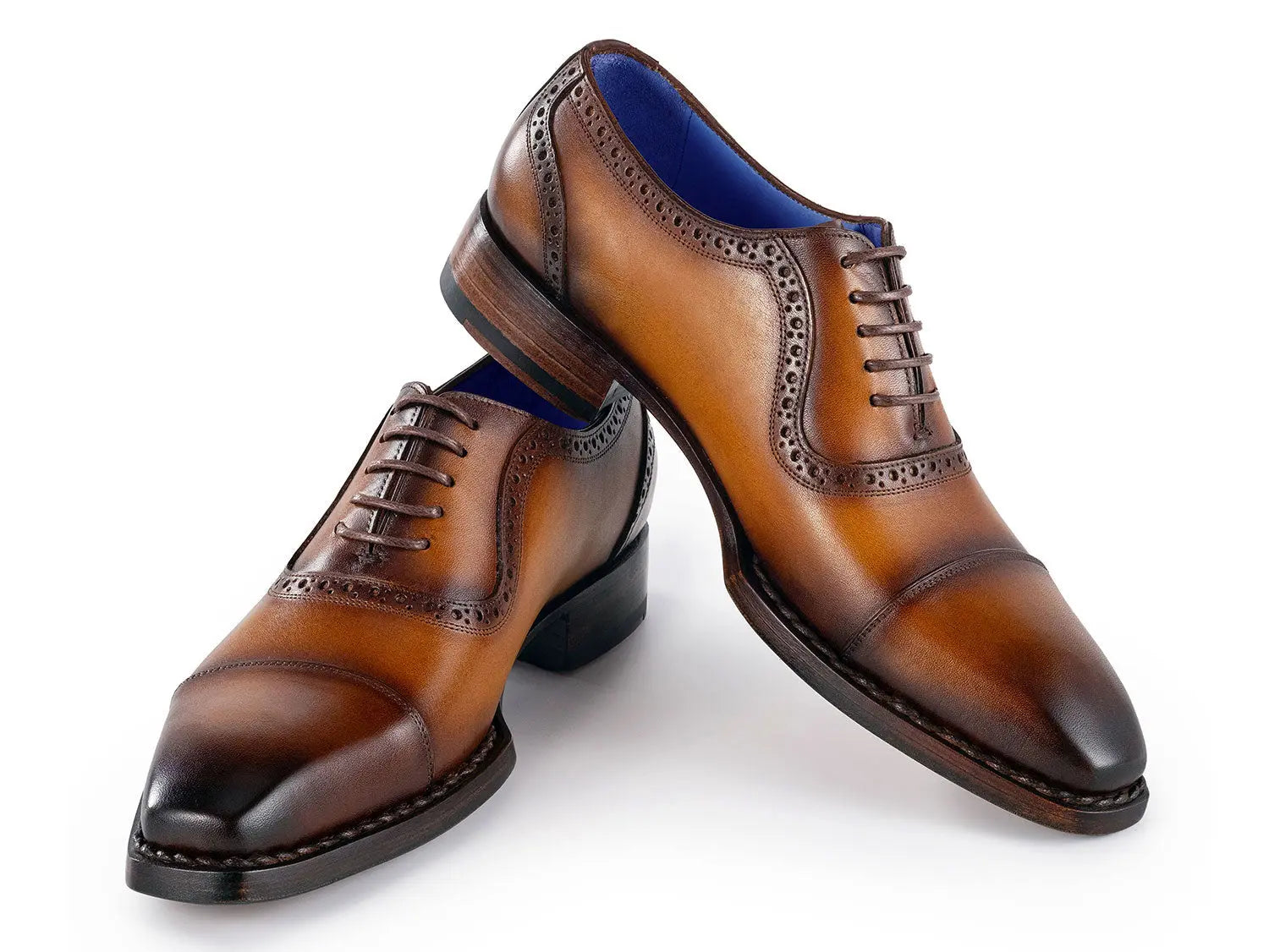 Paul Parkman Men's Camel Burnished Goodyear Welted Cap Toe Oxfords (ID#9482-CTN) PAUL PARKMAN