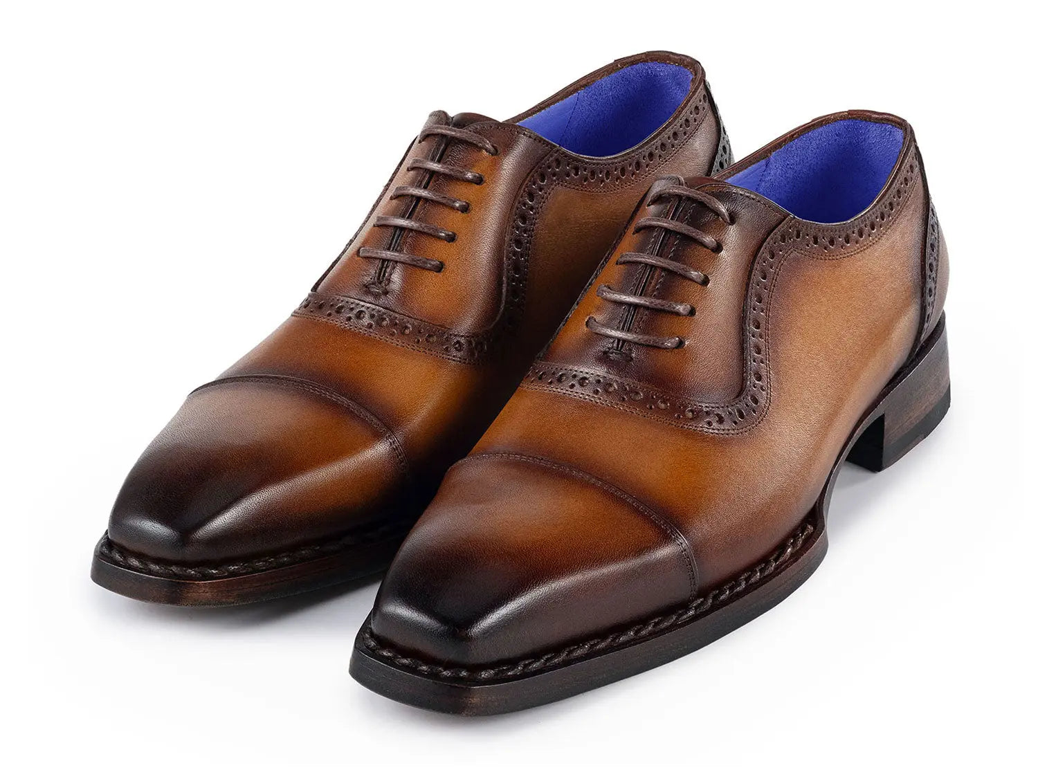 Paul Parkman Men's Camel Burnished Goodyear Welted Cap Toe Oxfords (ID#9482-CTN) PAUL PARKMAN