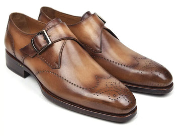 Paul Parkman Men's Brown/Camel Hand-Painted Wingtip Single Monk strap Shoes (ID#98F54-BRW) PAUL PARKMAN