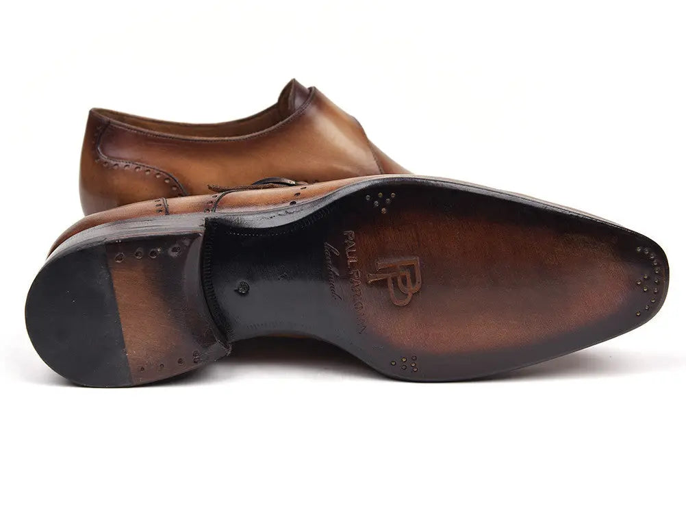 Paul Parkman Men's Brown/Camel Hand-Painted Wingtip Single Monk strap Shoes (ID#98F54-BRW) PAUL PARKMAN